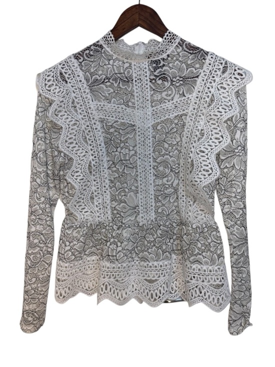 Vici Tops - VICI Dolls Black and White Lace Zip Up Back High-Neck Long Sleeve Ruffled Blouse